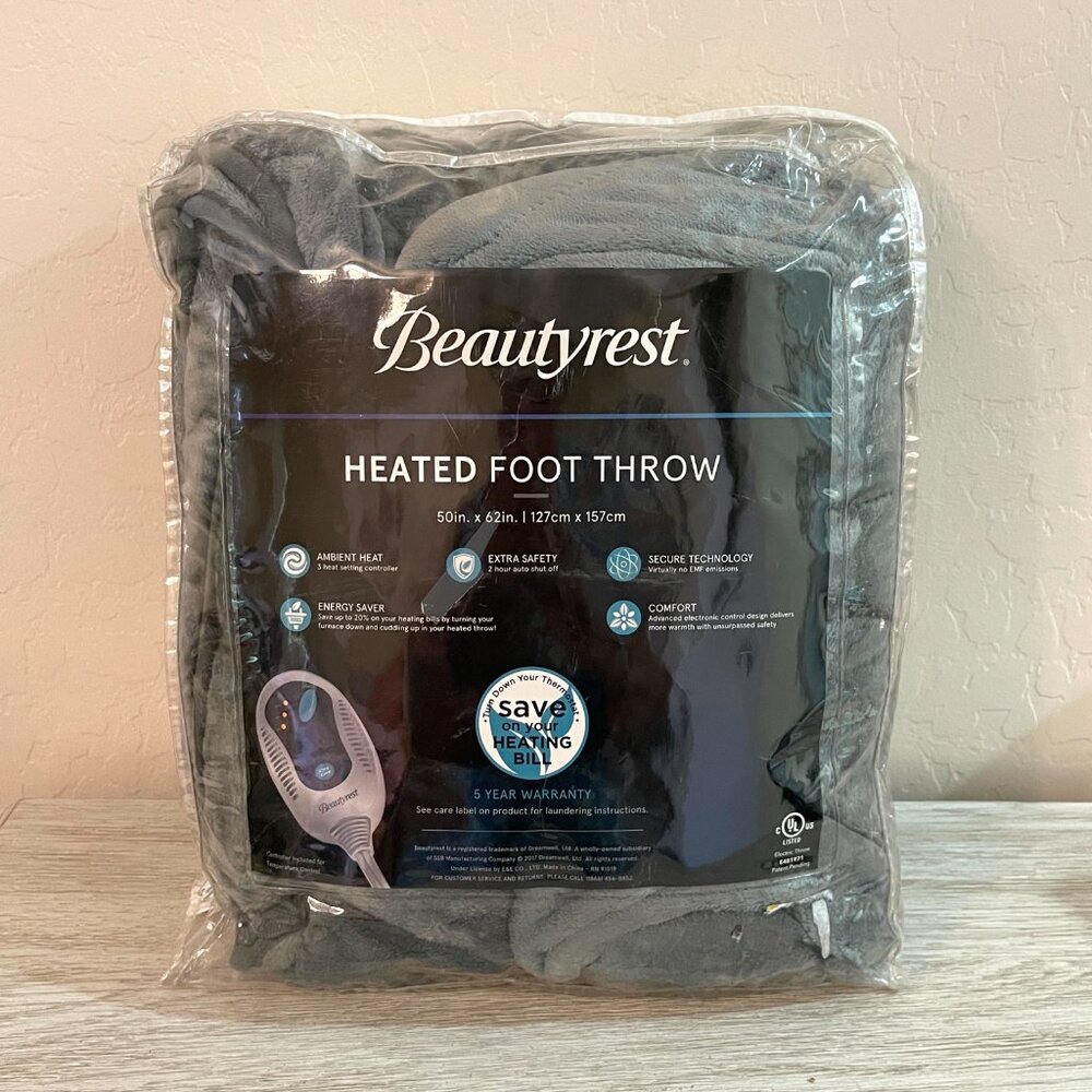 New Beautyrest Heated Throw Blanket Plush Super Soft Gray 50" x 62" - Picture 2 of 10